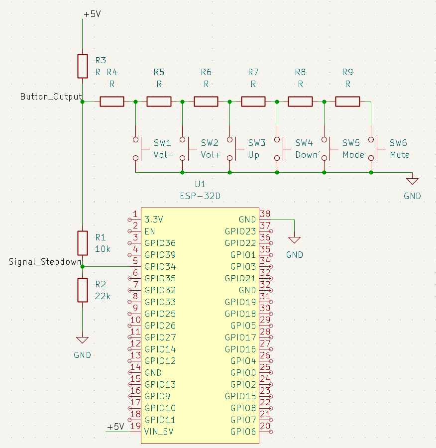 Schematic: a pull-up resistor R3 from 5 V feeds the button output node. A series string of resistors R4 through R9 runs from that node, with switches SW1 through SW6 (Vol-, Vol+, Up, Down, Mode, Mute) each closing a tap on the string to ground. The button output node also feeds a divider of R1, 10 kilohms, and R2, 22 kilohms, to ground; the divider midpoint connects to GPIO34 on the ESP32, which is powered from 5 V.